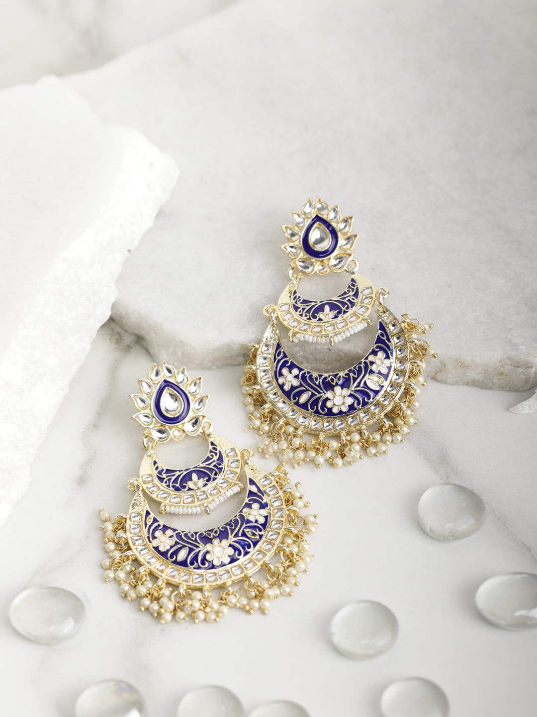 

Priyaasi Gold-Plated & Blue Kundan Studded Contemporary Chandbalis