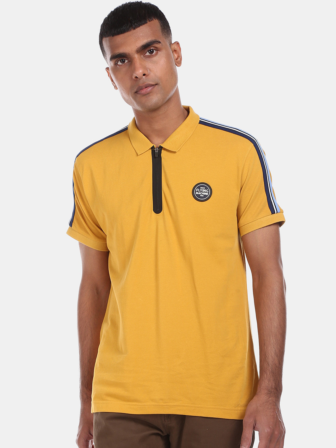 

Flying Machine Men Yellow Solid Polo Collar Pure Cotton T-shirt