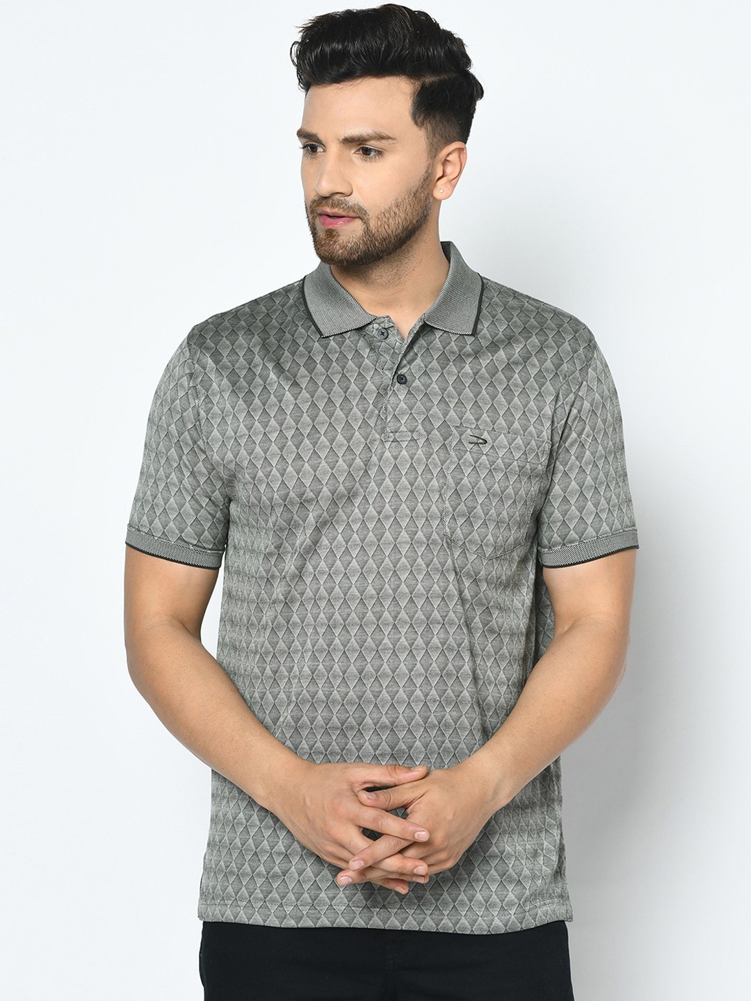 

Duke Men Grey Printed Polo Collar T-shirt