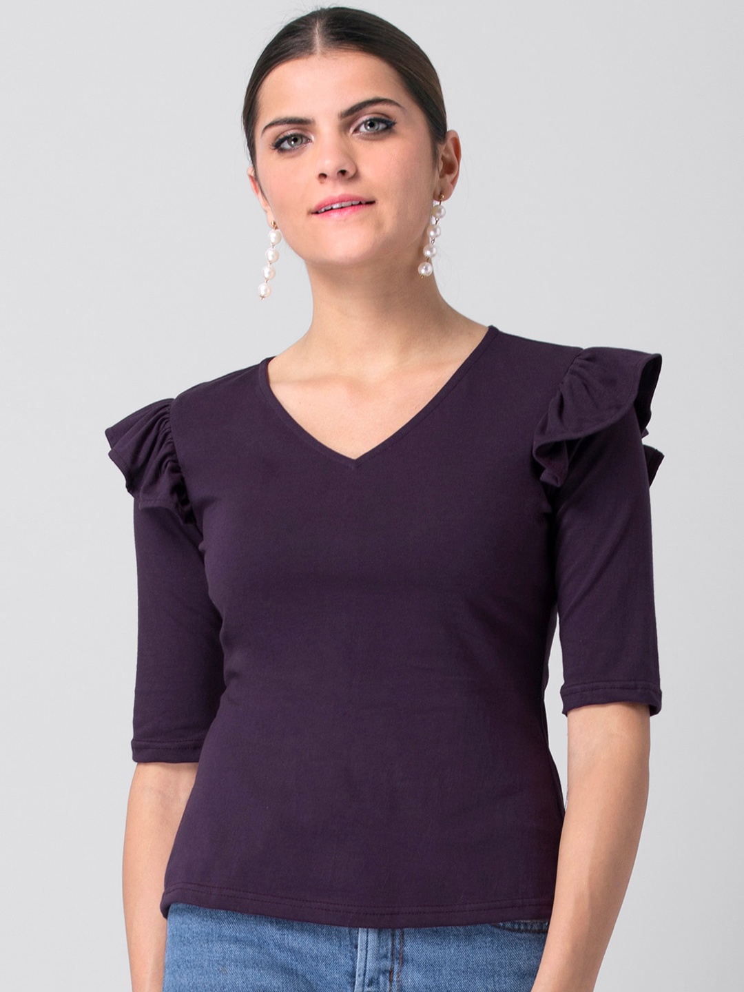 

FabAlley Purple Solid Frilled Top