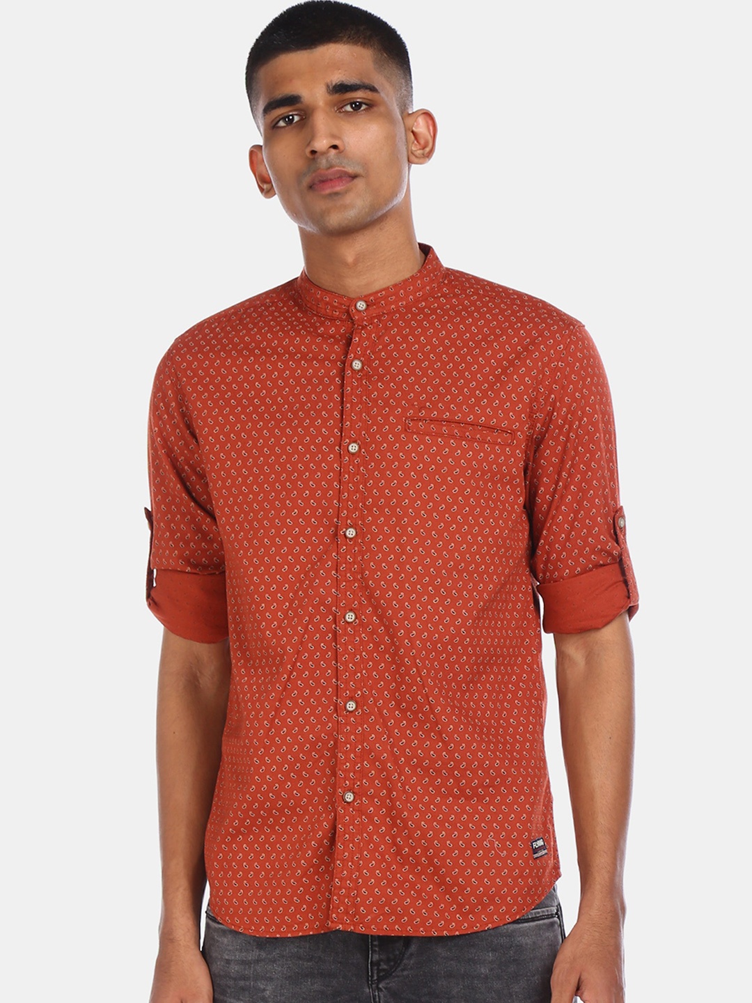 

Flying Machine Men Rust Orange Regular Fit Printed Cotton Casual Shirt