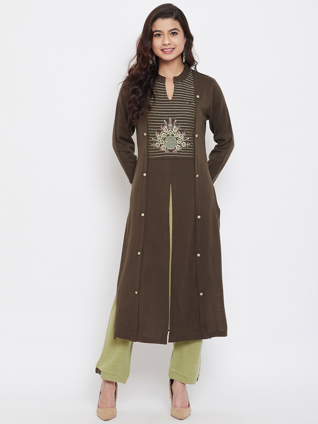 

Zigo Women Coffee Brown & Green Embroidered Kurta with Trousers