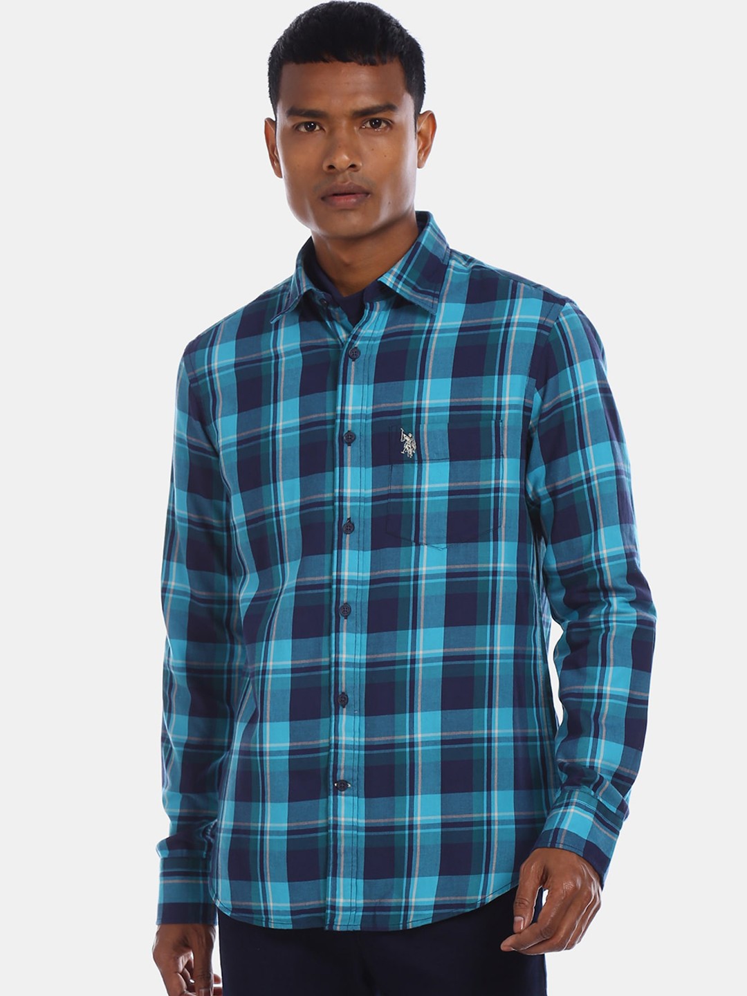 

U.S. Polo Assn. Men Blue & Green Regular Fit Checked Cotton Casual Shirt