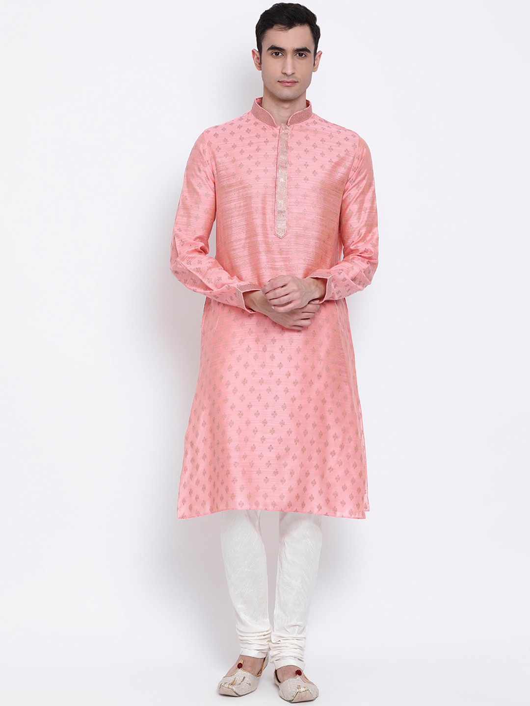 

Sanwara Men Pink & White Woven Design Kurta with Churidar