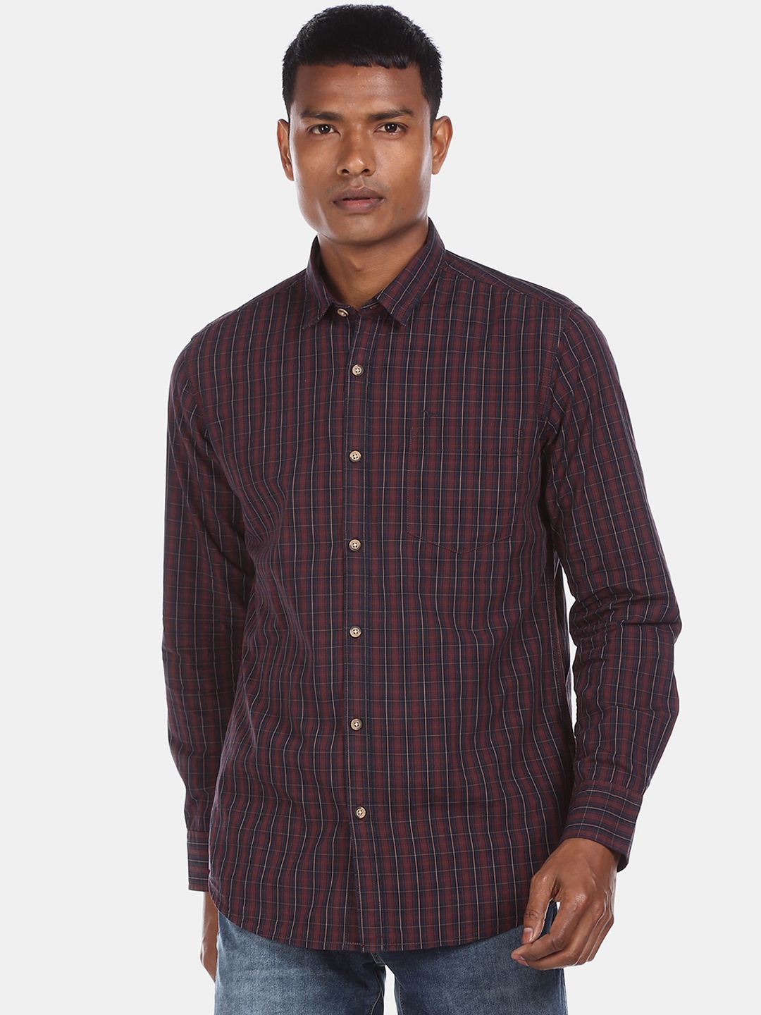 

Flying Machine Men Maroon & Blue Regular Fit Checked Cotton Casual Shirt