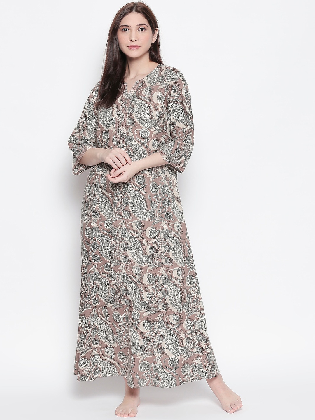 

RANGMANCH BY PANTALOONS Grey & Beige Printed Nightdress