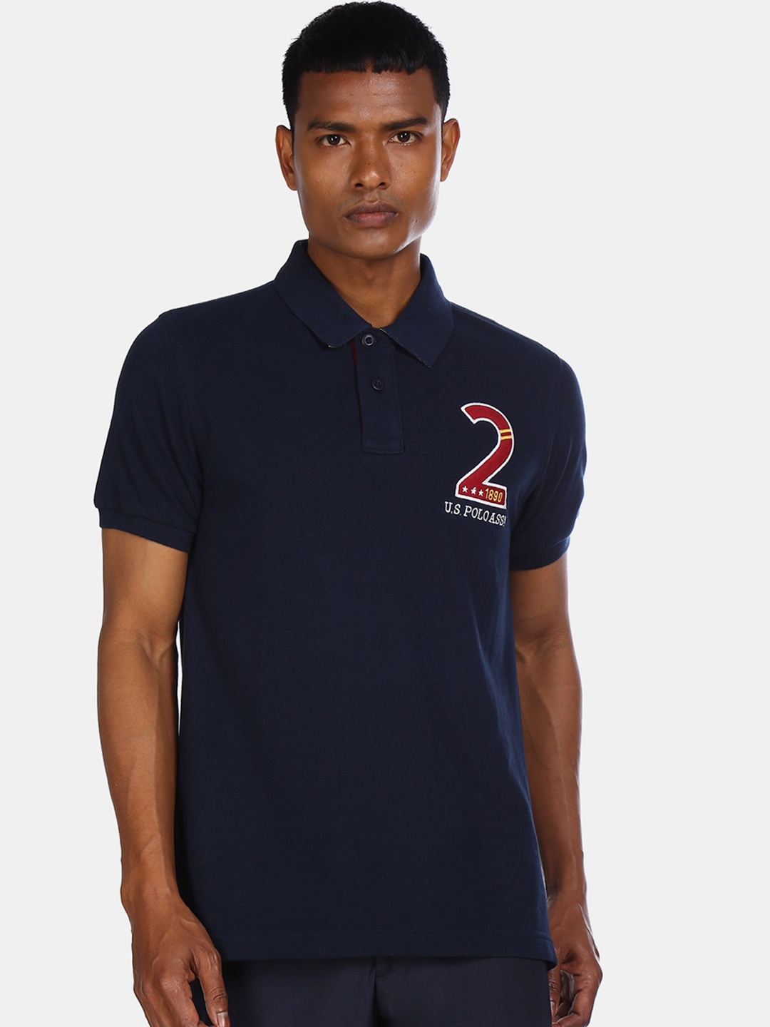 U.S. Polo Assn. Men Navy Blue Printed Polo Collar Pure Cotton T-shirt