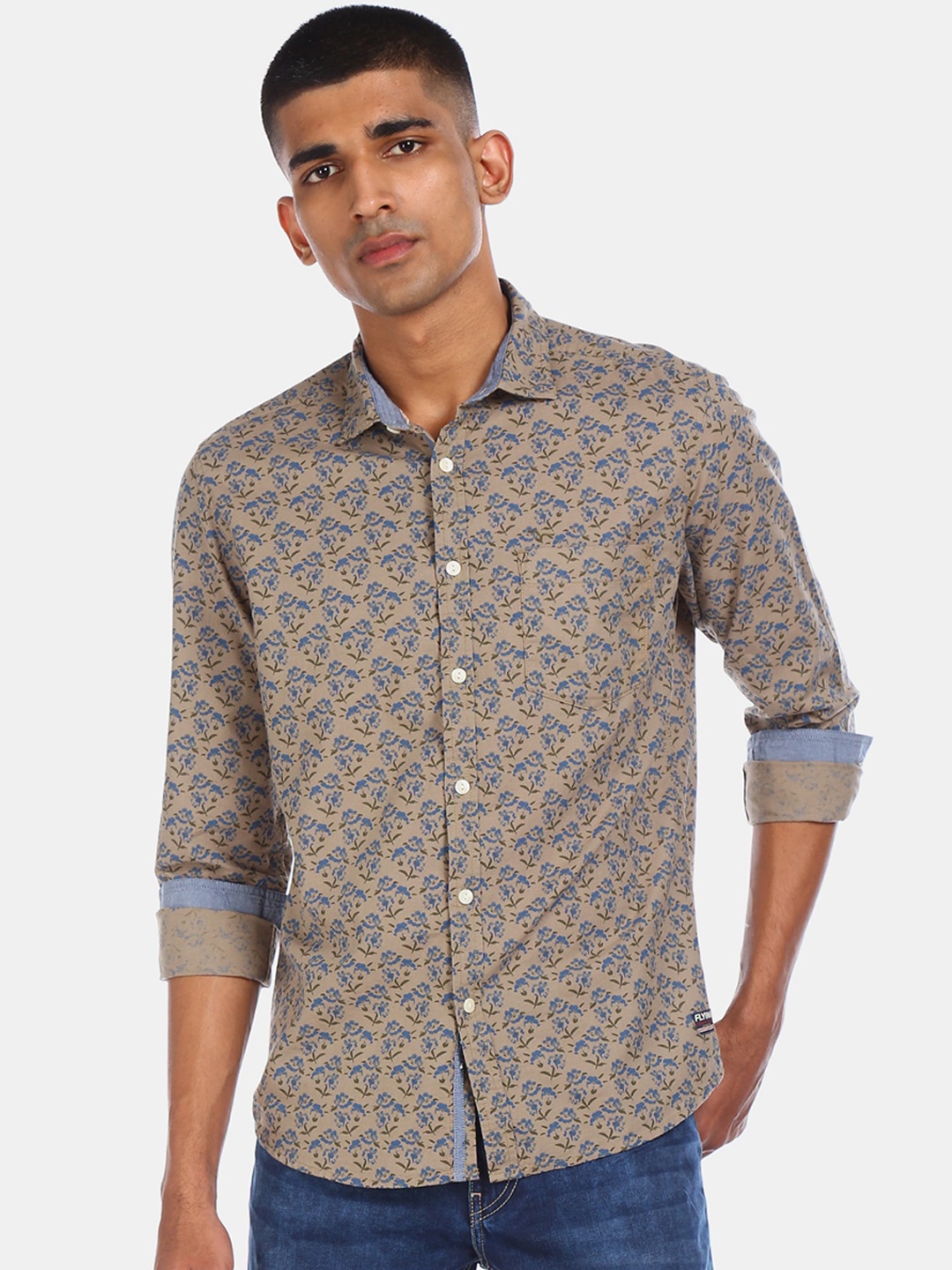 

Flying Machine Men Brown & Blue Regular Fit Printed Cotton Casual Shirt