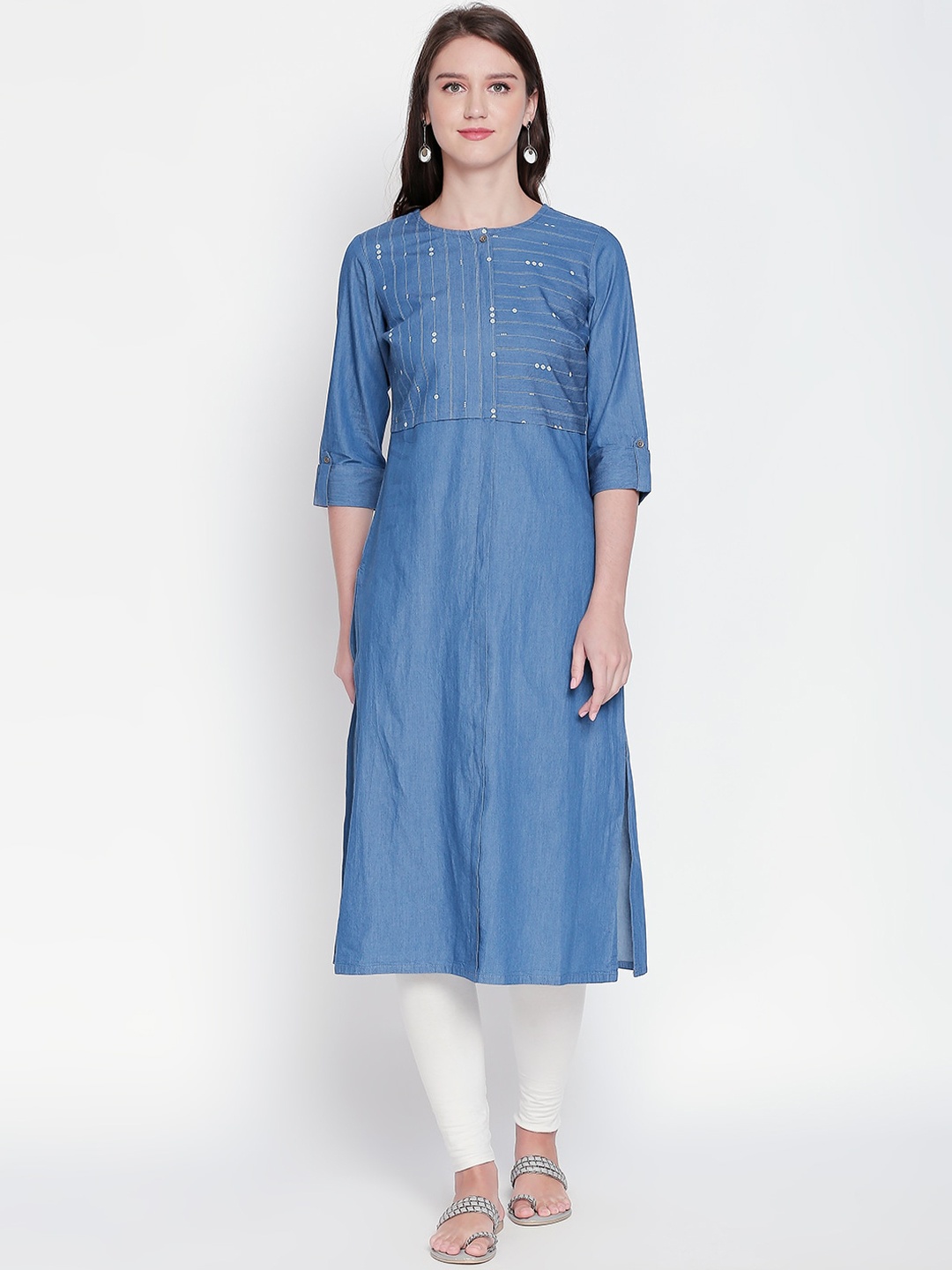 

RANGMANCH BY PANTALOONS Blue Striped Denim Kurta