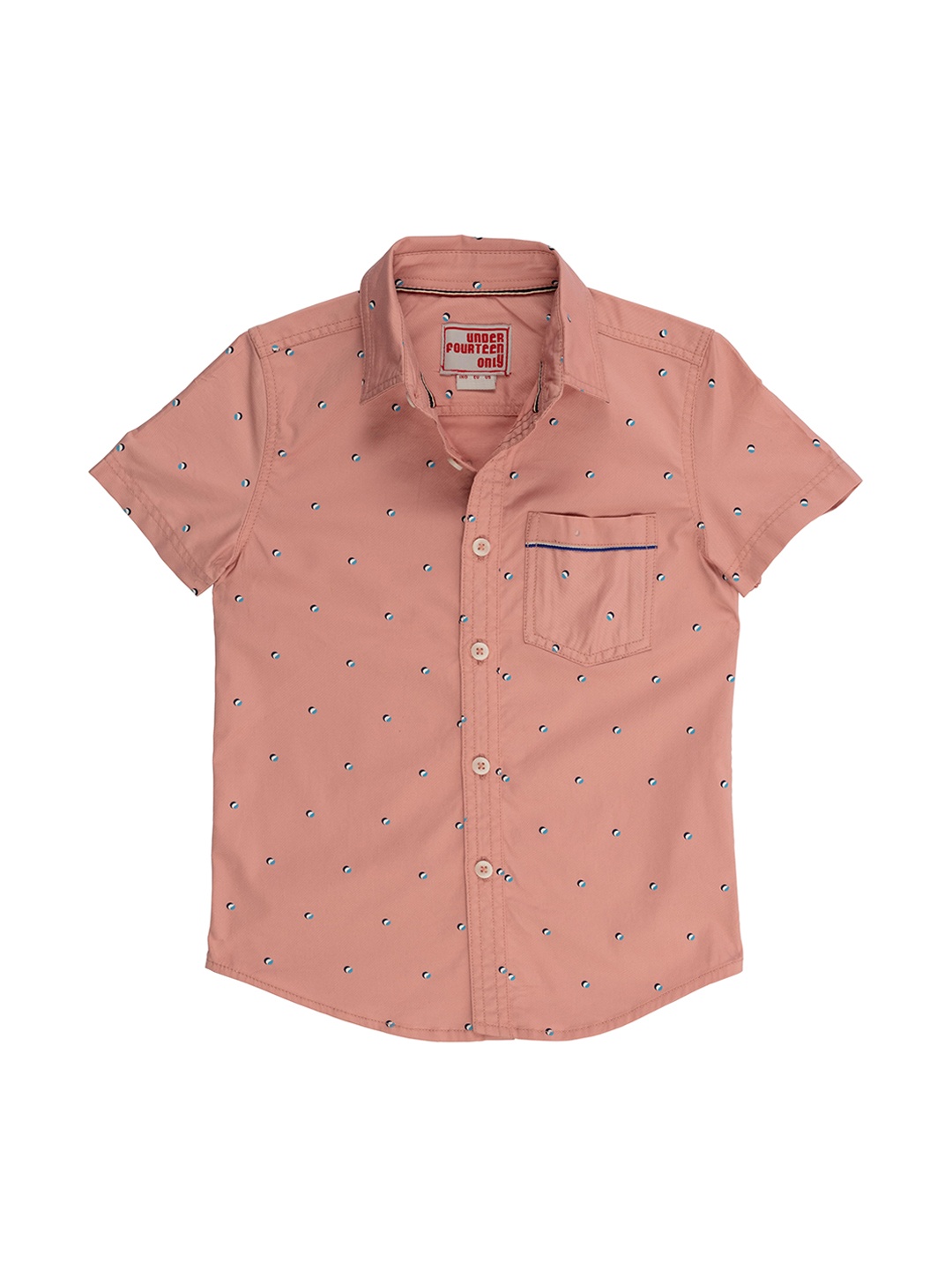 

UNDER FOURTEEN ONLY Boys Peach-Coloured & Blue Regular Fit Printed Casual Shirt