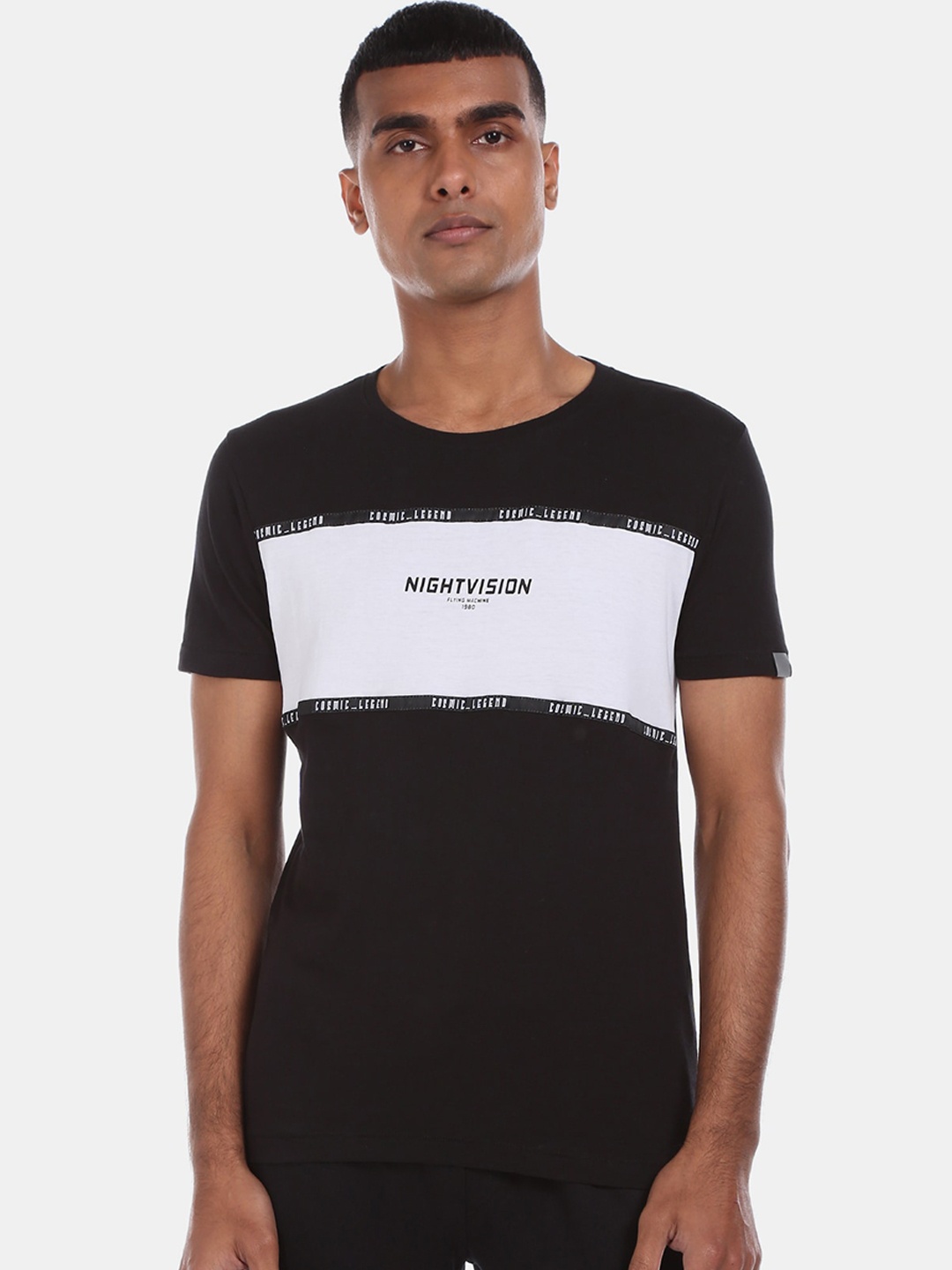 Flying Machine Men Black Printed Round Neck Pure Cotton T-shirt