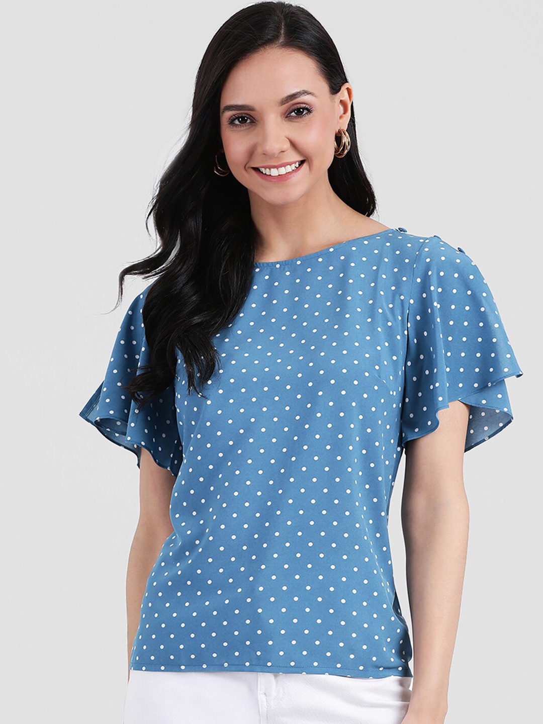 

Zink London Women Blue & White Printed Flutter Sleeves Top