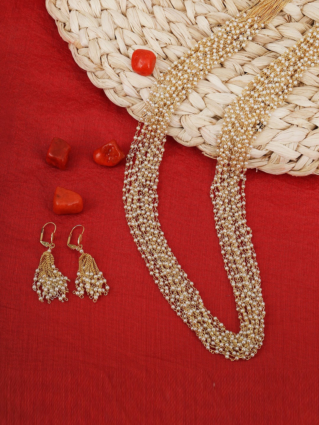 

Adwitiya Collection Gold-Toned & White Pearls Flower Shaped Jewellery Set
