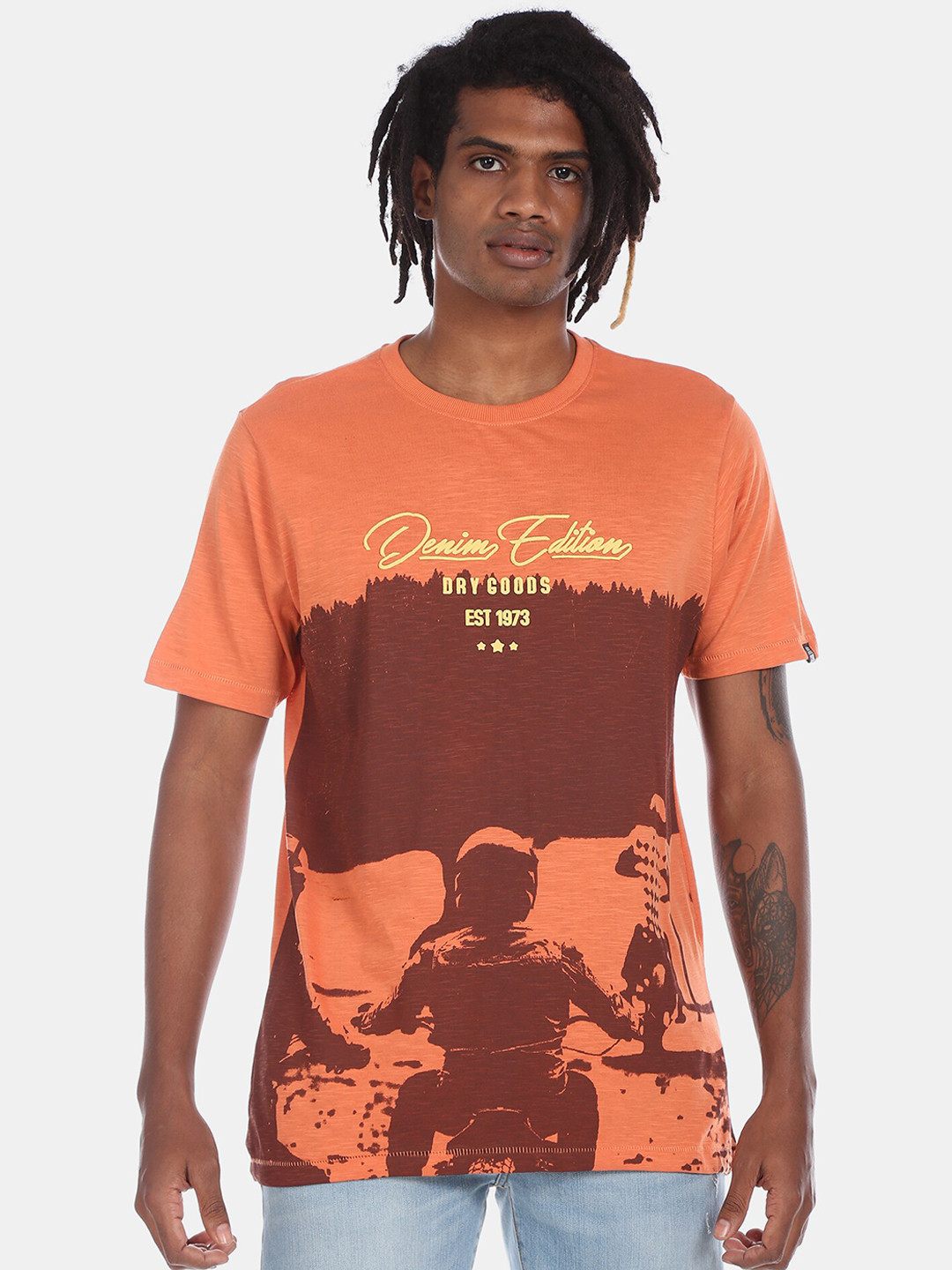 

Cherokee Men Orange Printed Round Neck Pure Cotton T-shirt