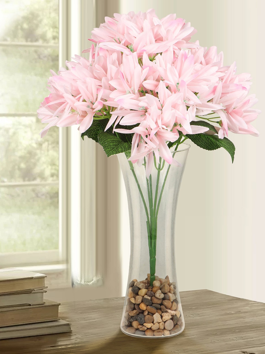

TIED RIBBONS Pink & Green Artificial Flower Bunch with Glass Vase
