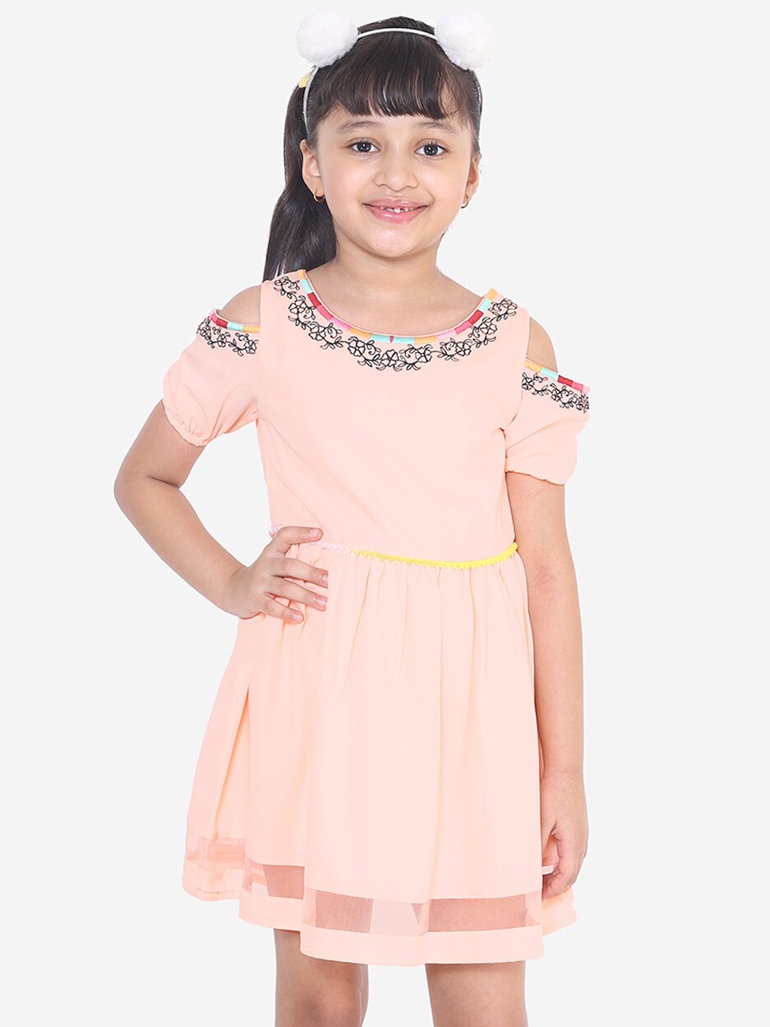 

Naughty Ninos Girls Peach-Coloured Solid Fit and Flare Dress