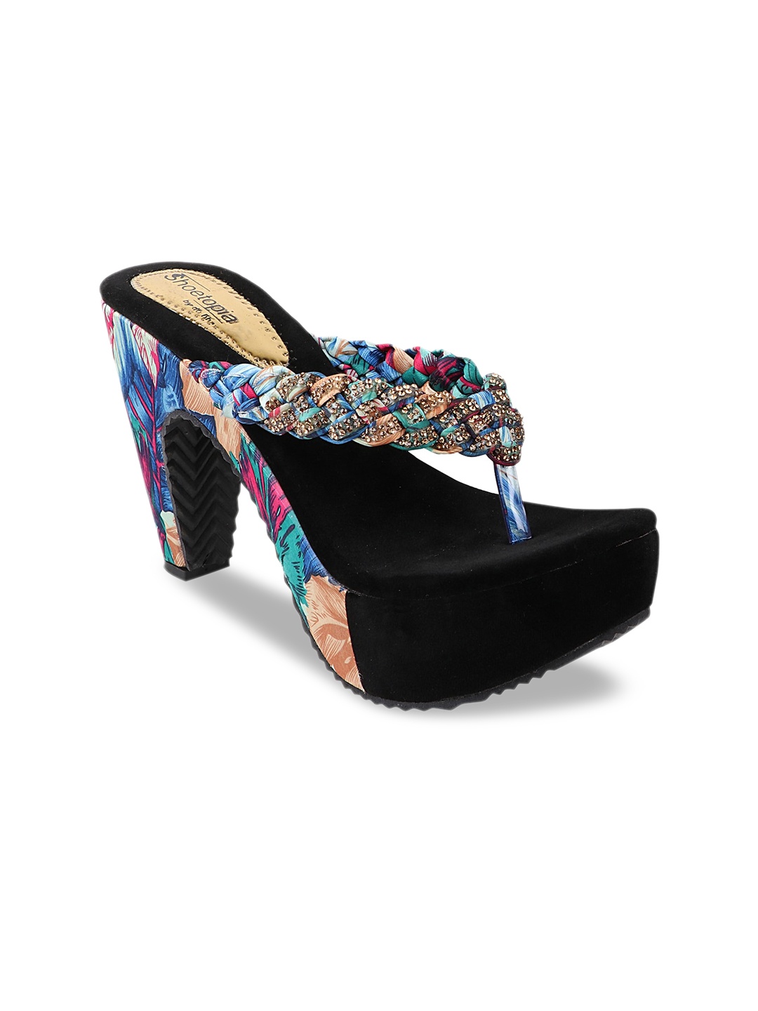 

Shoetopia Women Blue & Red Woven Design Block Heels