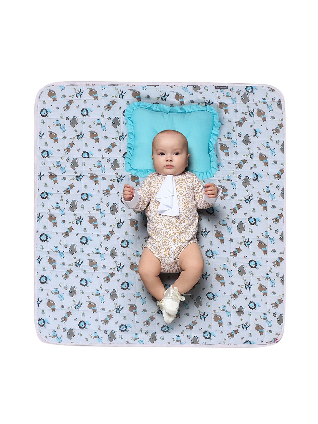

My Milestones Infant Kids Blue & Brown Zoo Printed Nursery Play Mat With Pillow