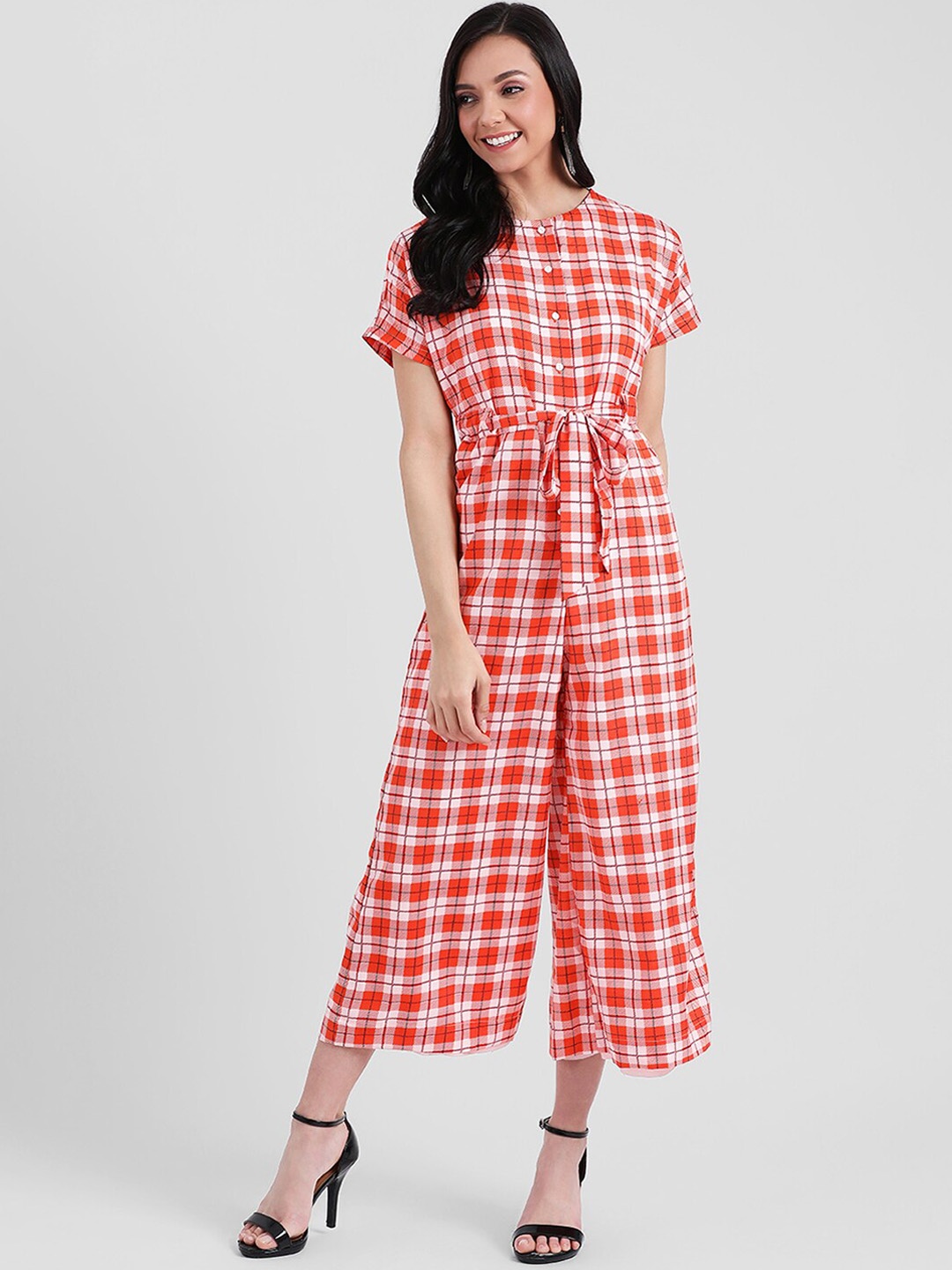 Zink London Women Red & White Checked Basic Jumpsuit