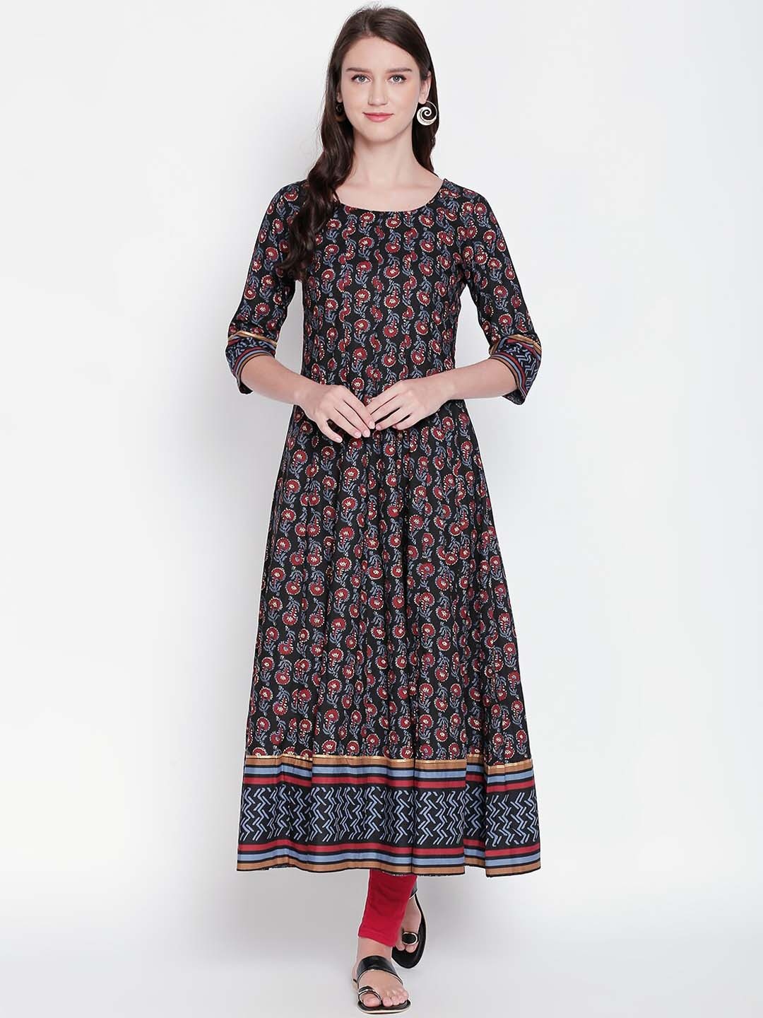 

RANGMANCH BY PANTALOONS Women Black & Maroon Floral Printed Anarkali Kurta