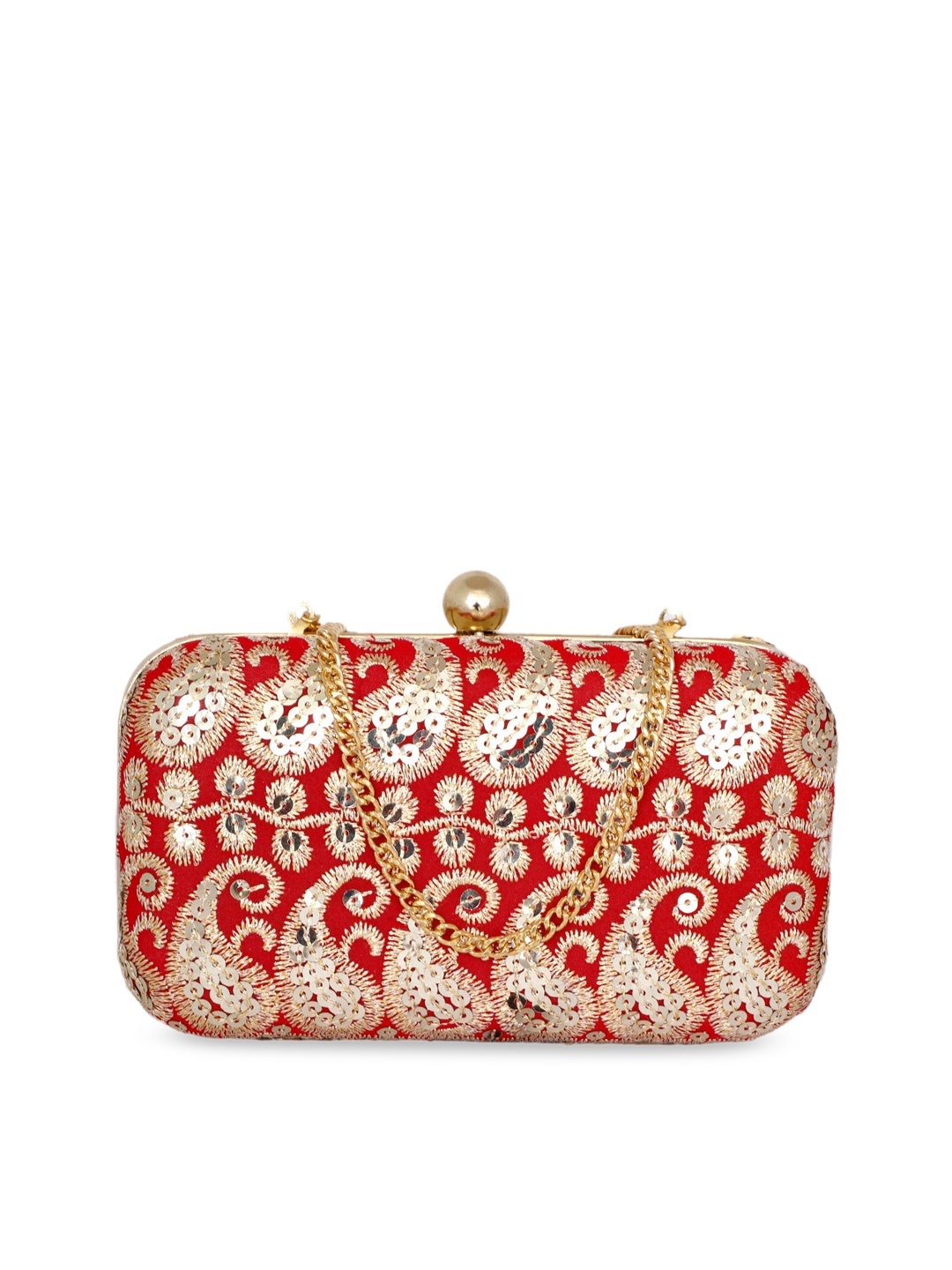 

REZZY Red & Gold-Toned Embroidered Box Clutch