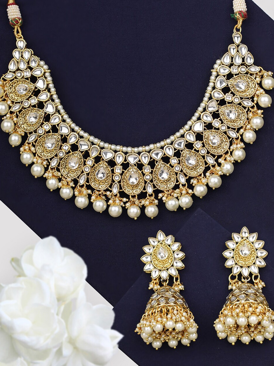 

Priyaasi Gold-Plated White Kundan-Studded & Pearl Beaded Traditional Jewellery Set