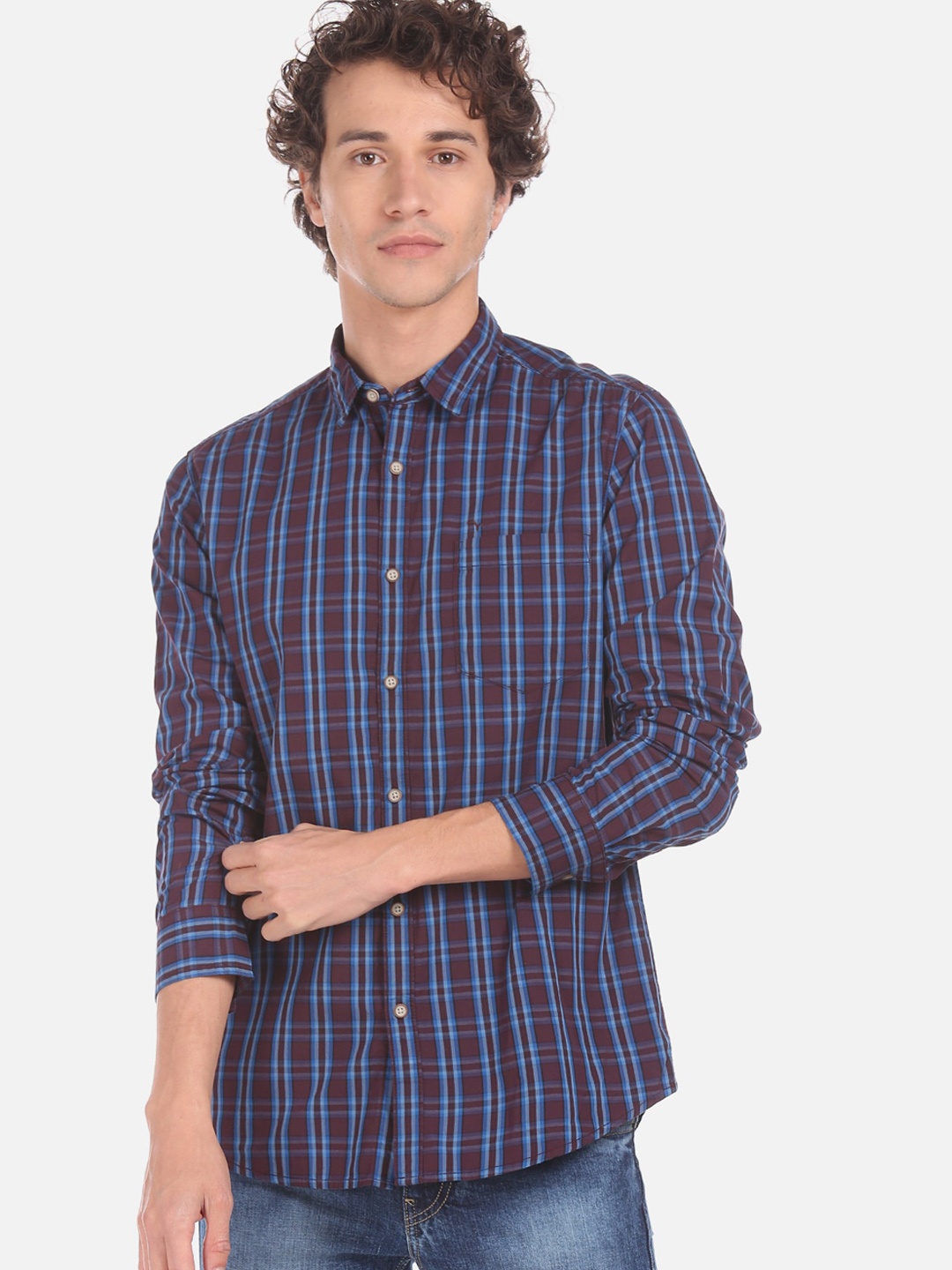 

Flying Machine Men Purple & Blue Regular Fit Checked Cotton Casual Shirt
