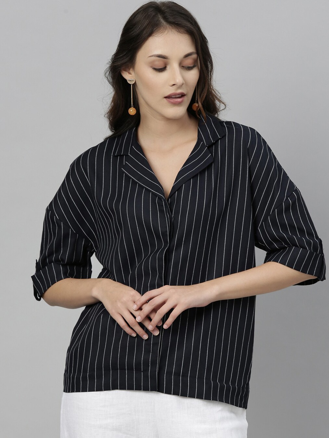RAREISM Navy Blue Striped Shirt Style Top