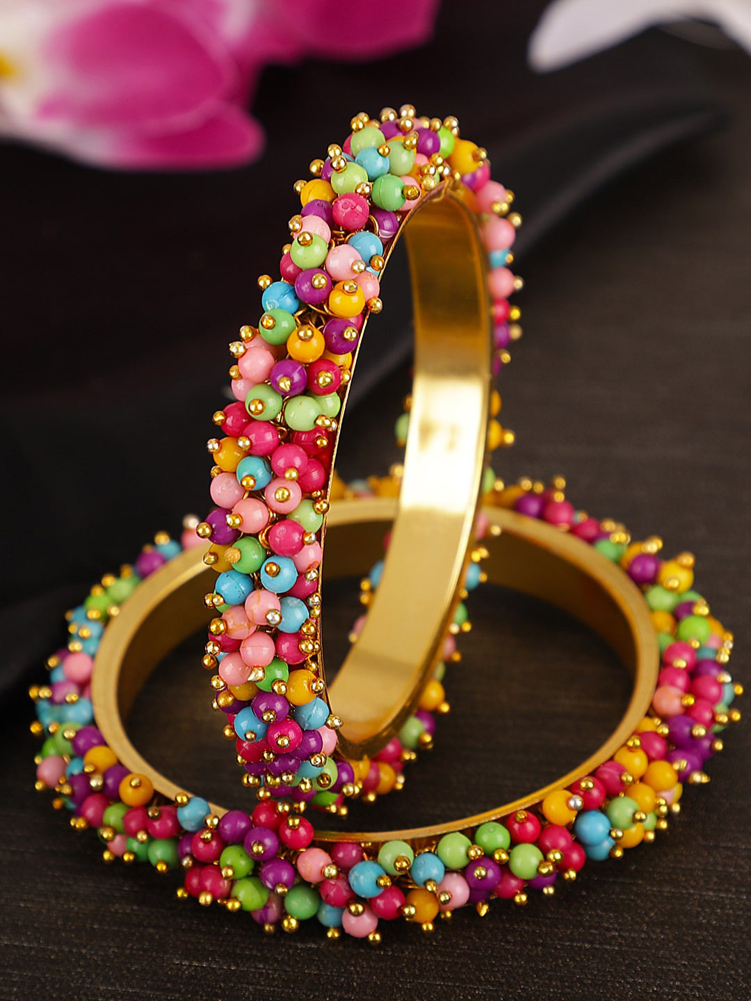 

Shining Diva Set of 2 Gold-Plated Multicoloured Beaded Bangles