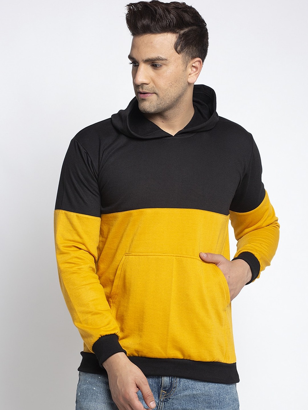 

KATSO Men Black & Yellow Colourblocked Hooded Sweatshirt