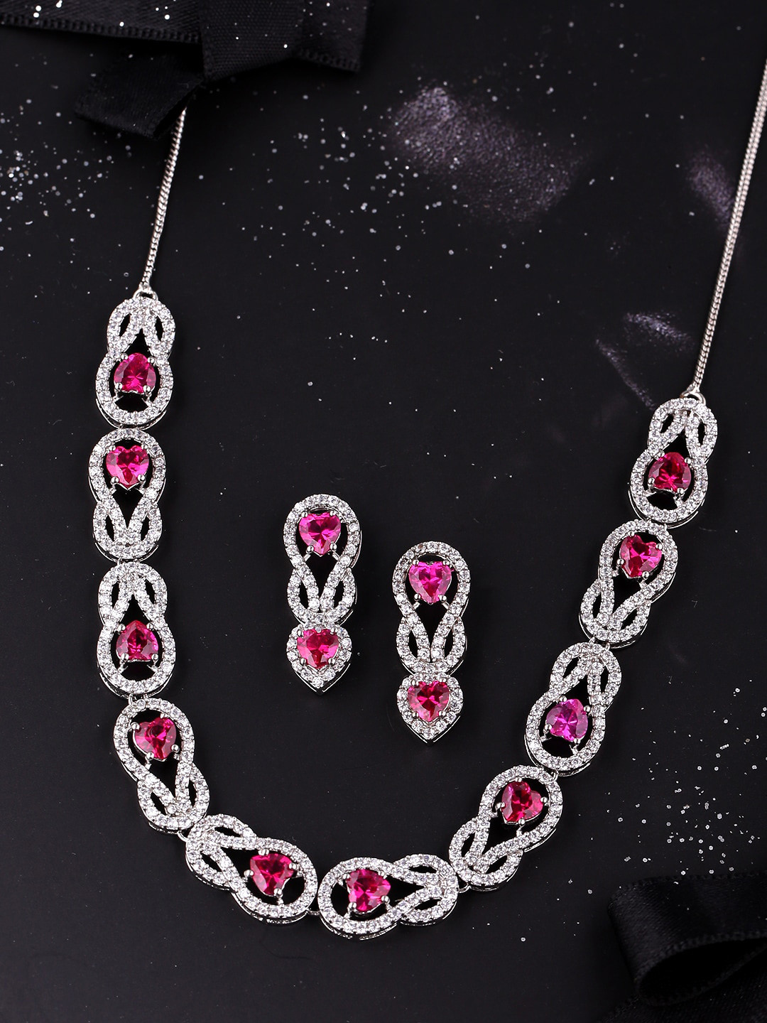 

Voylla Silver-Plated Pink & White CZ-Studded Jewellery Set