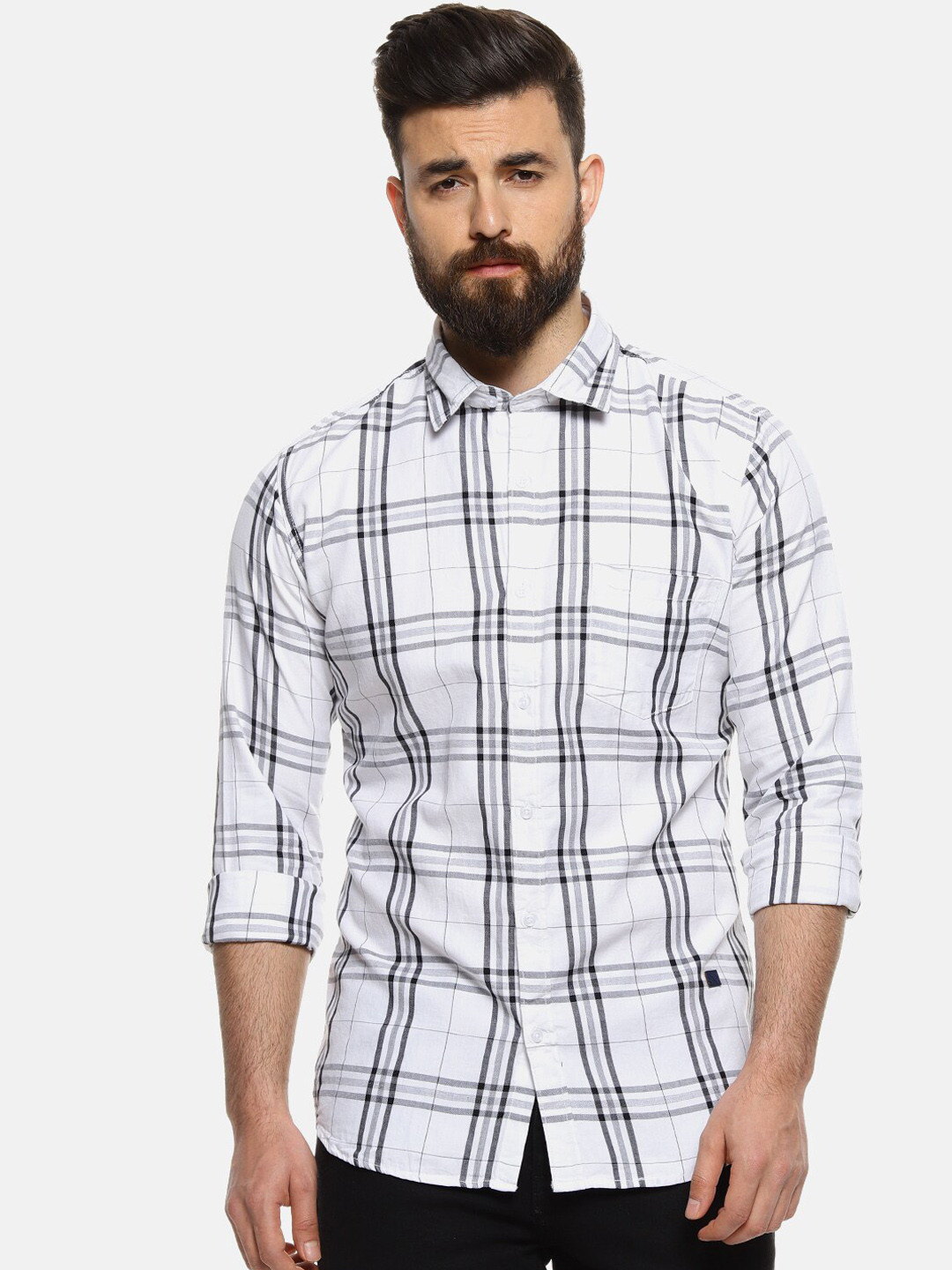 

Campus Sutra Men White & Grey Regular Fit Checked Casual Shirt
