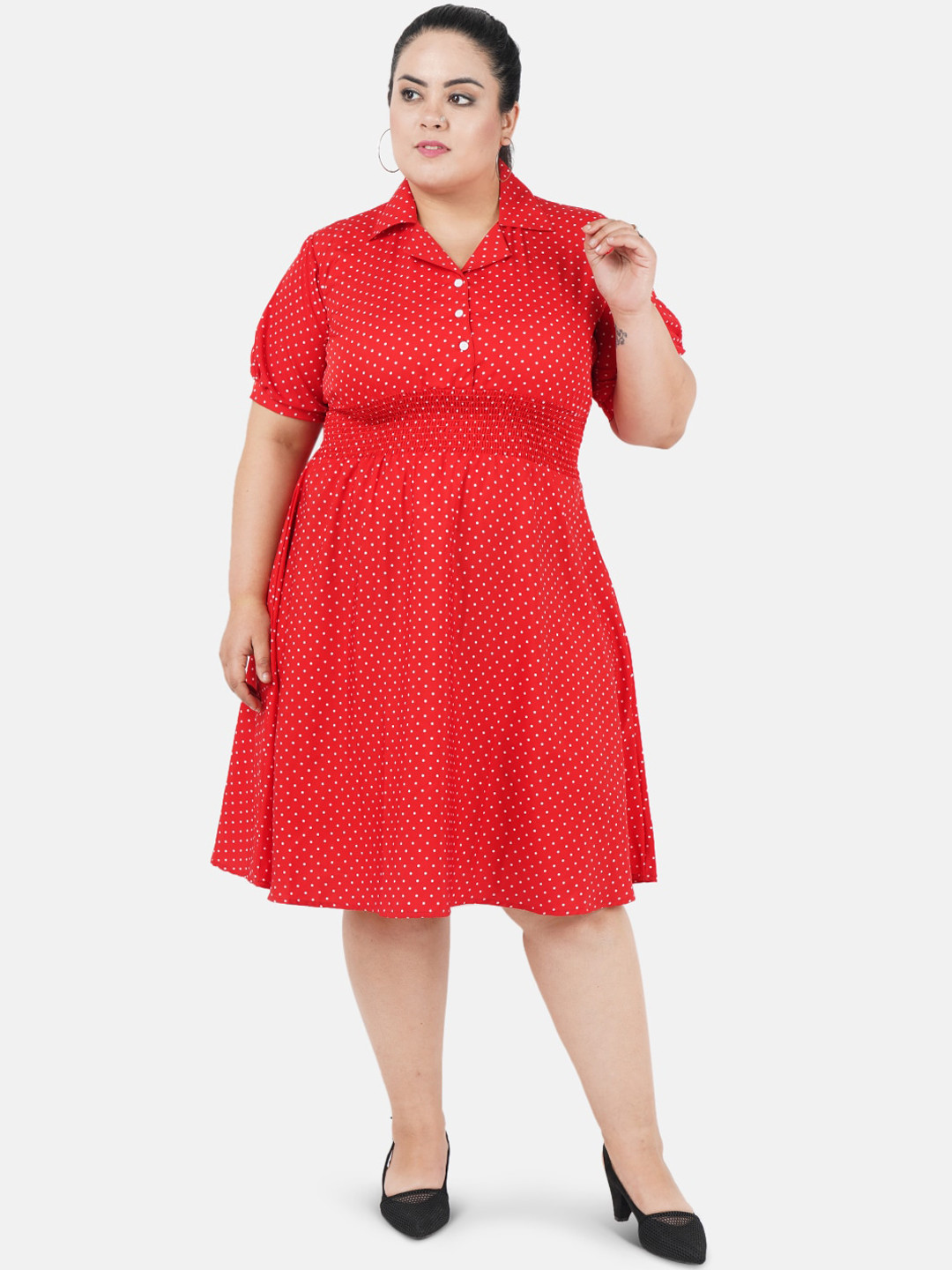 

Indietoga Women Plus Size Red & White Printed Fit and Flare Dress