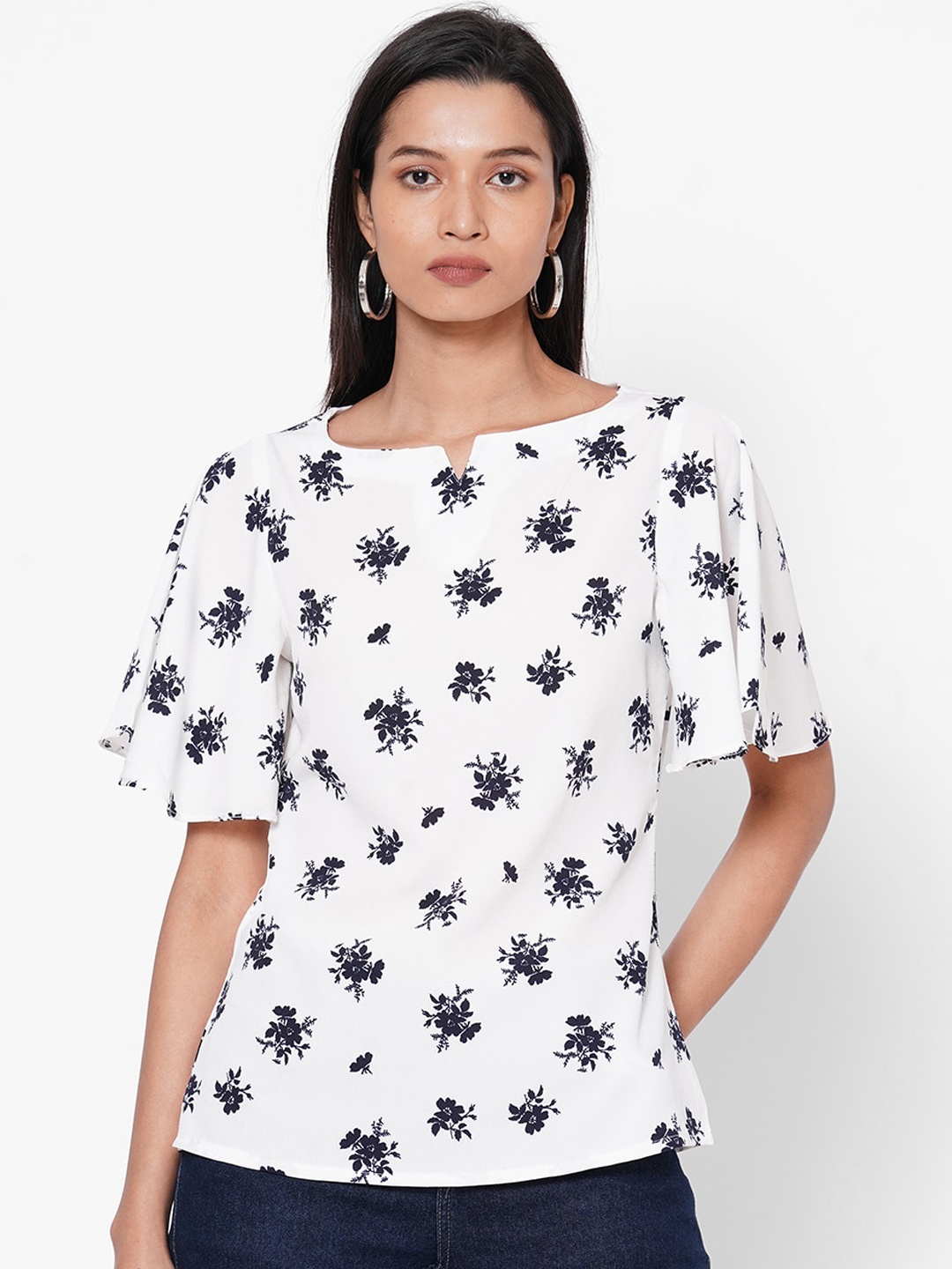 

109F Women White & Navy Blue Floral Printed Top