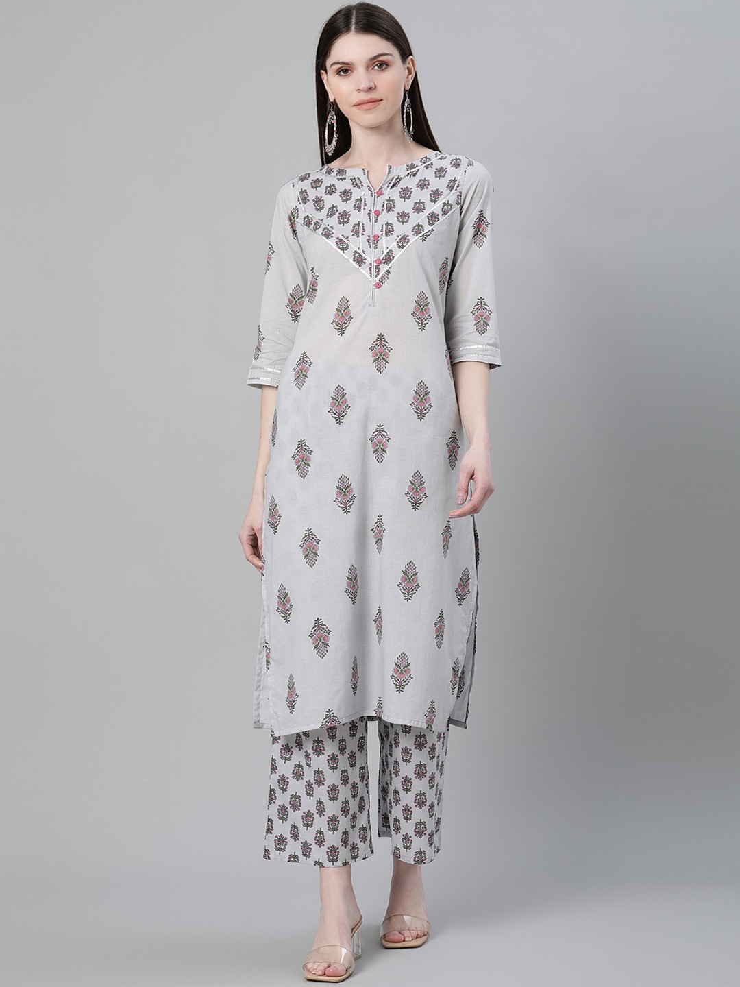 

ZIYAA Women Grey & Pink Printed Kurta with Palazzos