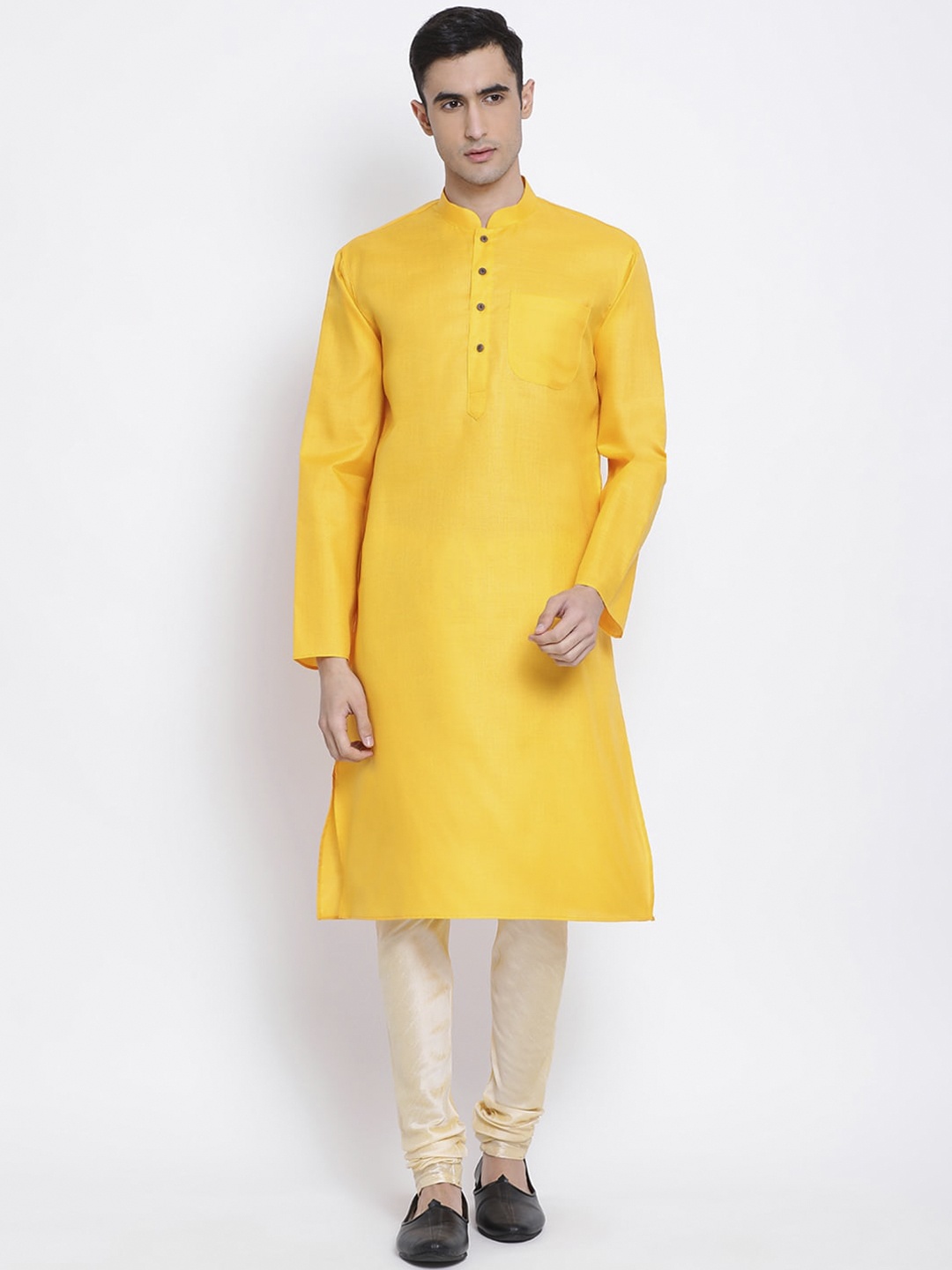 

Sanwara Men Yellow & Cream-Coloured Solid Kurta with Pyjamas