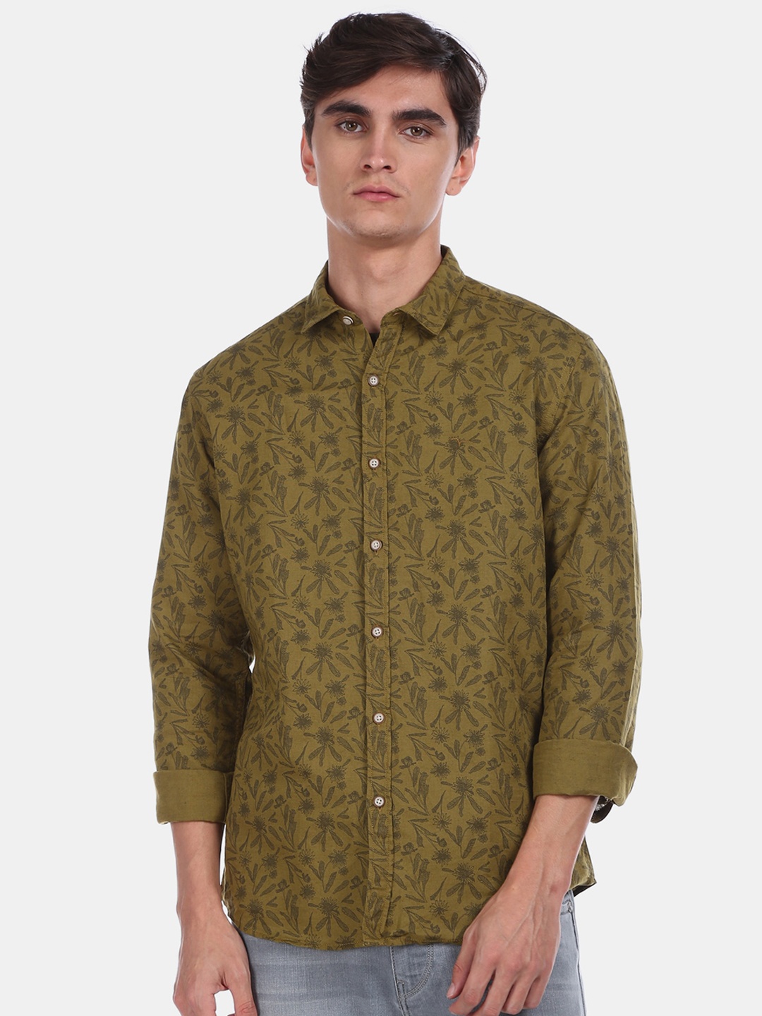 

Flying Machine Men Olive Green Regular Fit Printed Casual Shirt