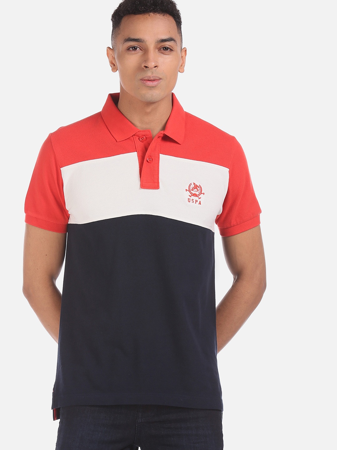 

U.S. Polo Assn. Men Blue Colourblocked Polo Collar T-shirt
