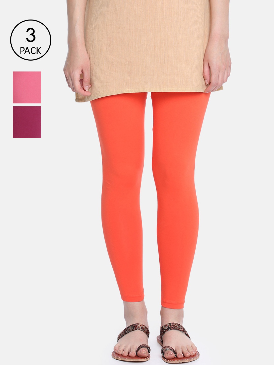 Dollar Missy Women Pack Of 3 Solid Slim-Fit Ankle-Length Leggings, Red