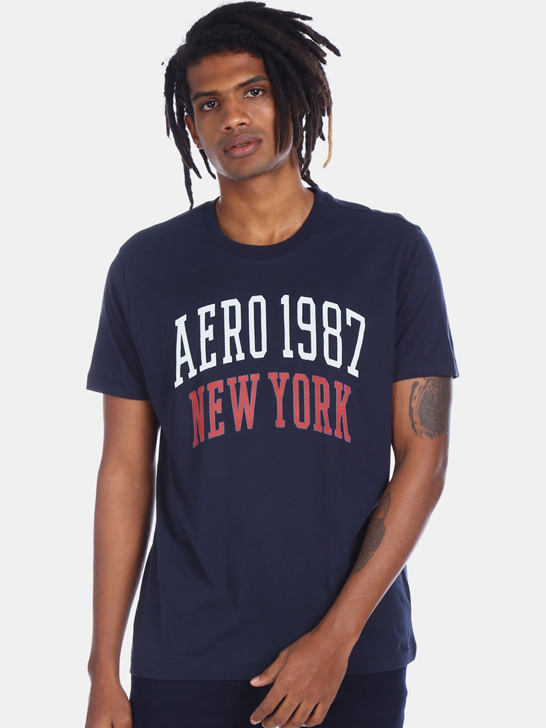 

Aeropostale Men Navy Blue Brand Logo Printed Round Neck T-shirt