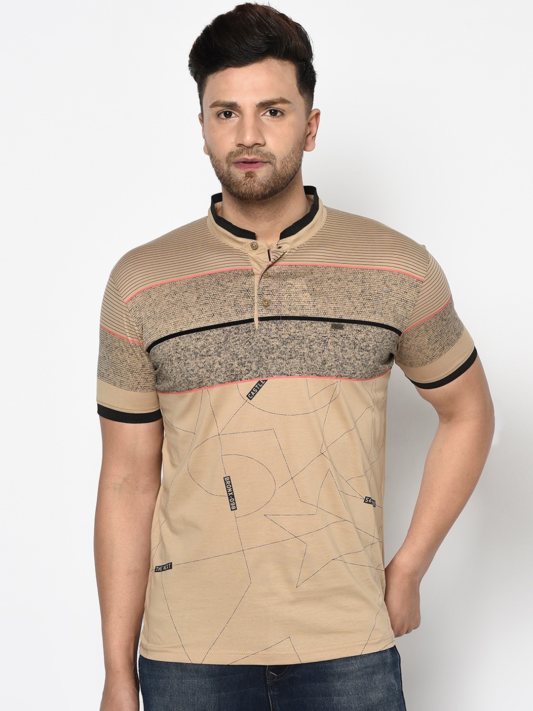 

Duke Men Beige Printed Mandarin Collar T-shirt