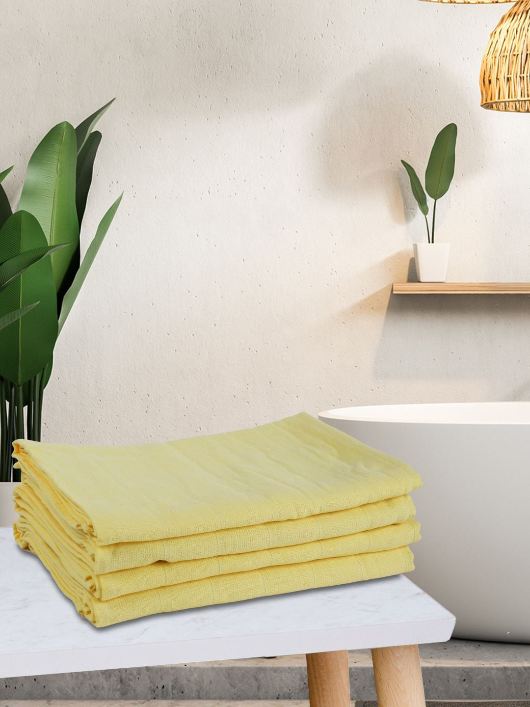 

KOPA LORENA Set Of 4 Yellow Solid 300 GSM Cotton Quick-Dry One Side Bath Towels