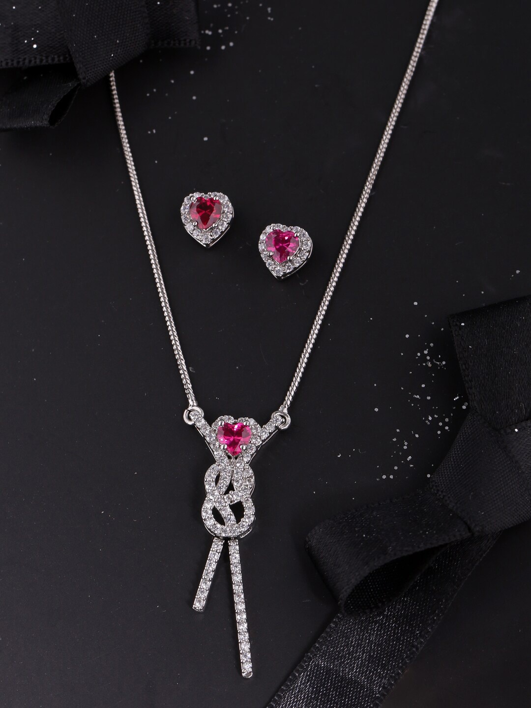 

Voylla Silver-Plated Pink & White CZ Studded Love Knots Classic Heart Knot Pendant Jewellery Set