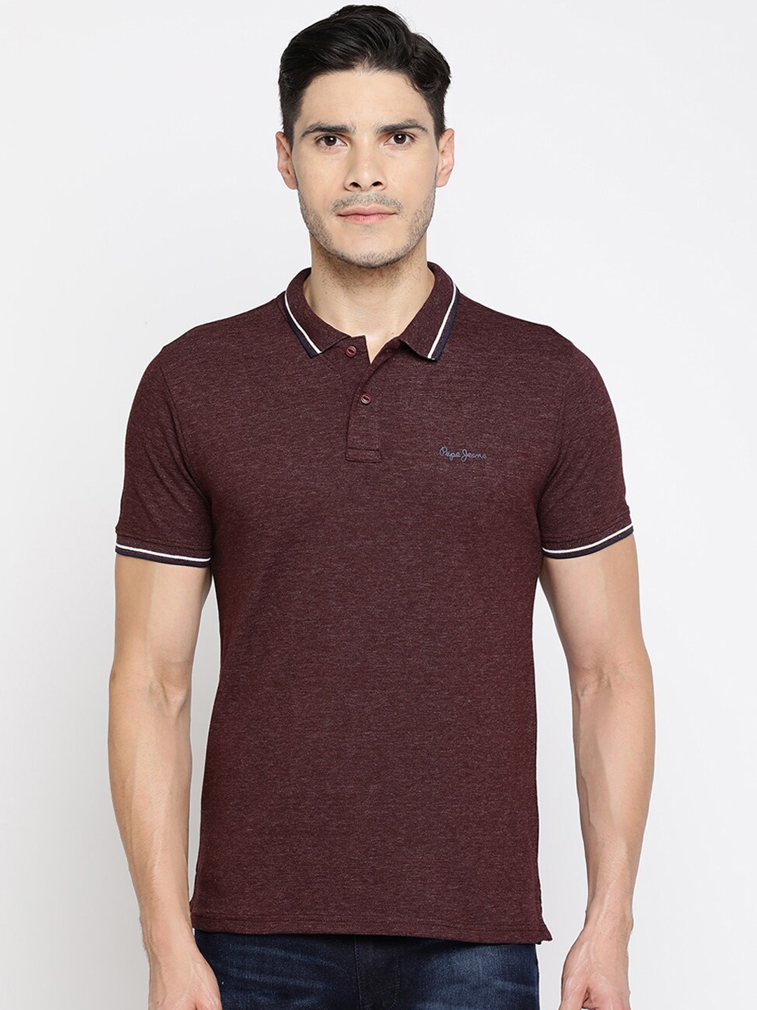 

Pepe Jeans Men Burgundy Self Design Polo Collar T-shirt