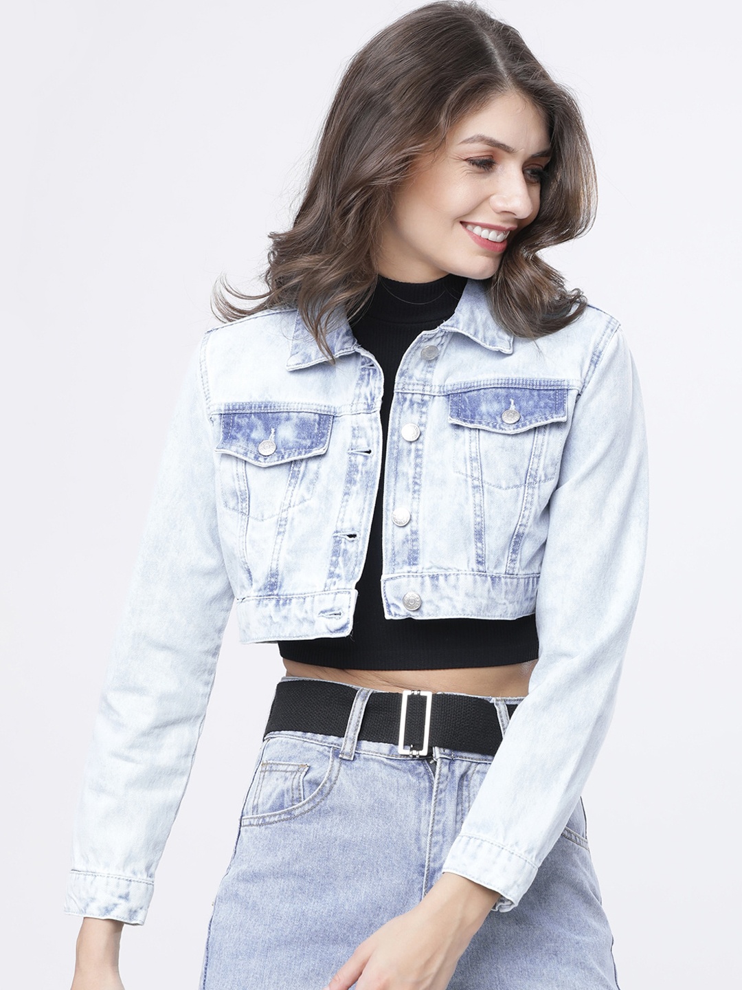 

Tokyo Talkies Women Blue Checked Denim Jacket