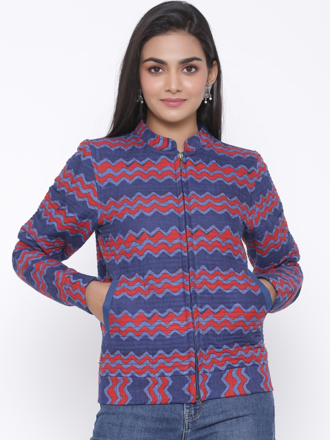 

fabGLOBAL Women Blue Printed Tailored Jacket