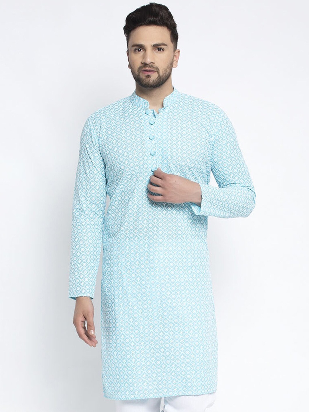 

Jompers Men Turquoise Blue Ethnic Motifs Embroidered Kurta