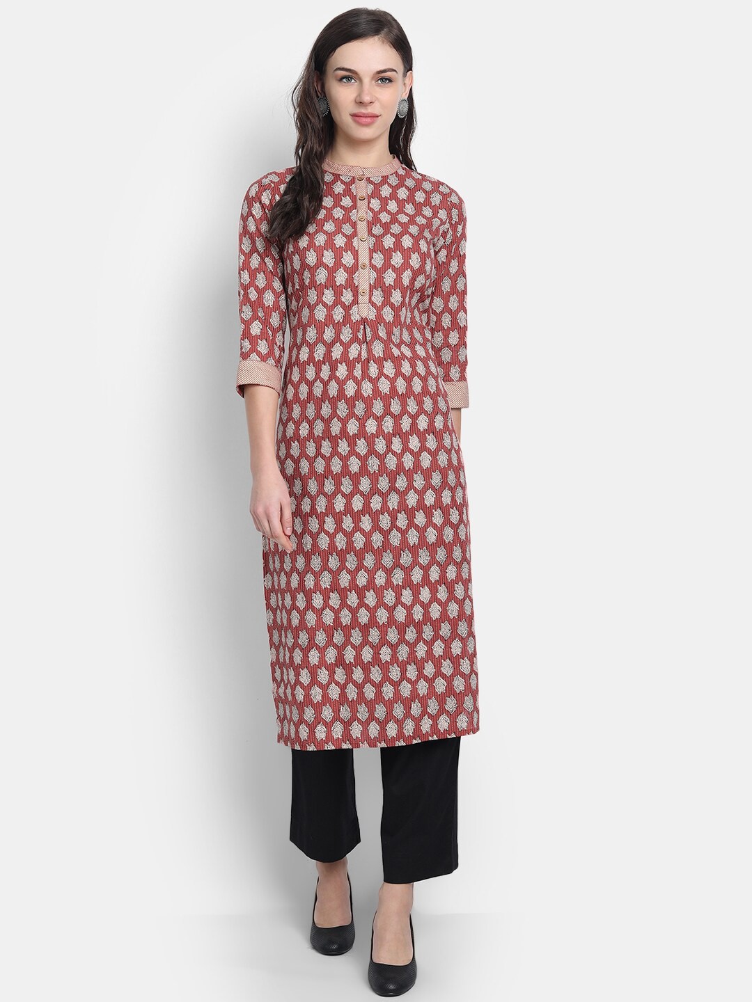 

fabGLOBAL Women Maroon Printed Straight Kurta
