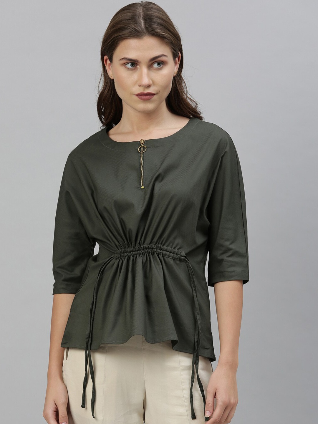 RAREISM Green Satin Cinched Waist Top