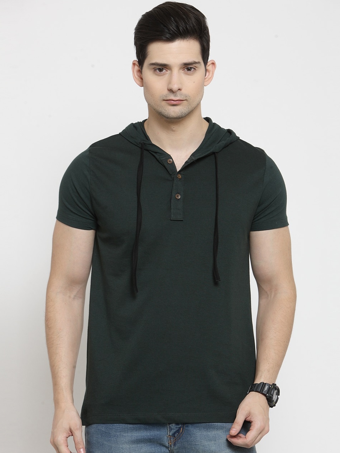 

Kalt Men Green Solid Hood T-shirt